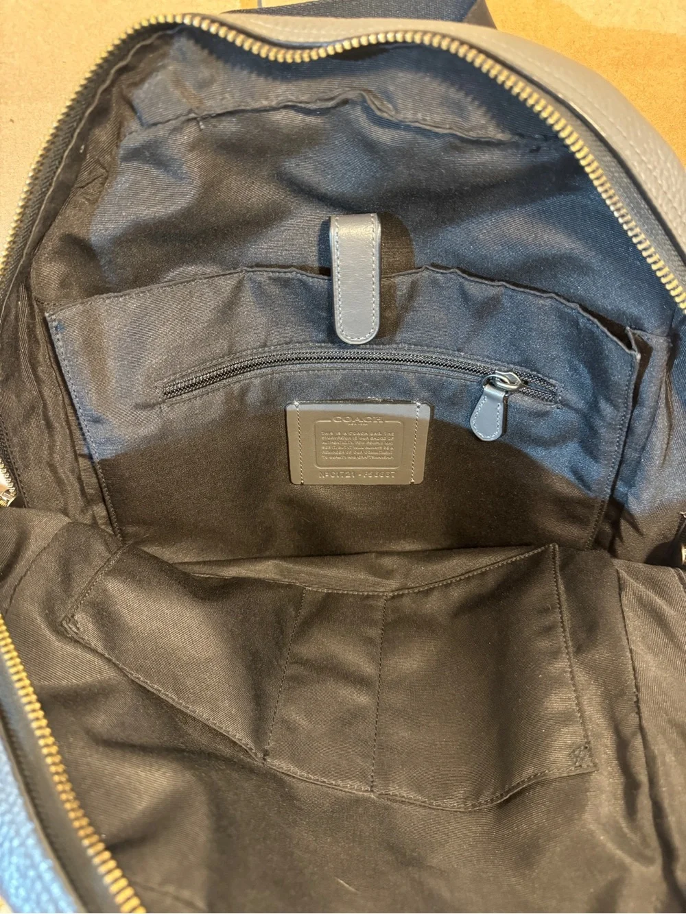 Coach Men's Gray Leather Backpack with Blue Stripe